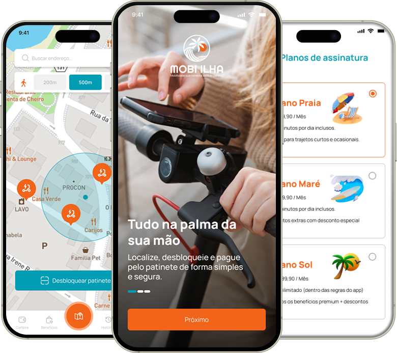 Telas do app Mobi Ilha